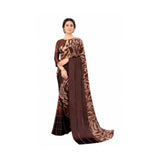 Brown satin patta printed saree with unstitched blouse, traditional Indian attire for women