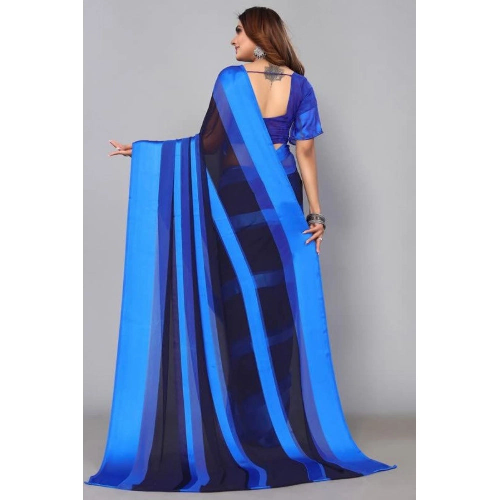 Skyblue satin patta printed saree with unstitched blouse, vibrant Indian traditional wear for women