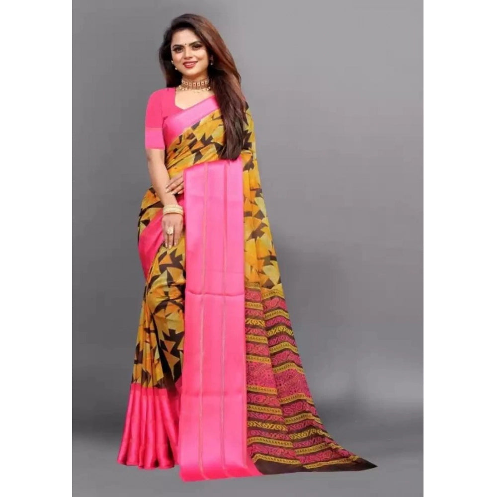 Pink satin patta printed saree with unstitched blouse (actual color may vary)