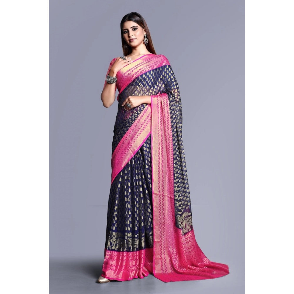 Women's Viscose Rayon Printed Saree With Unstitched Blouse (Navy Blue) - GillKart