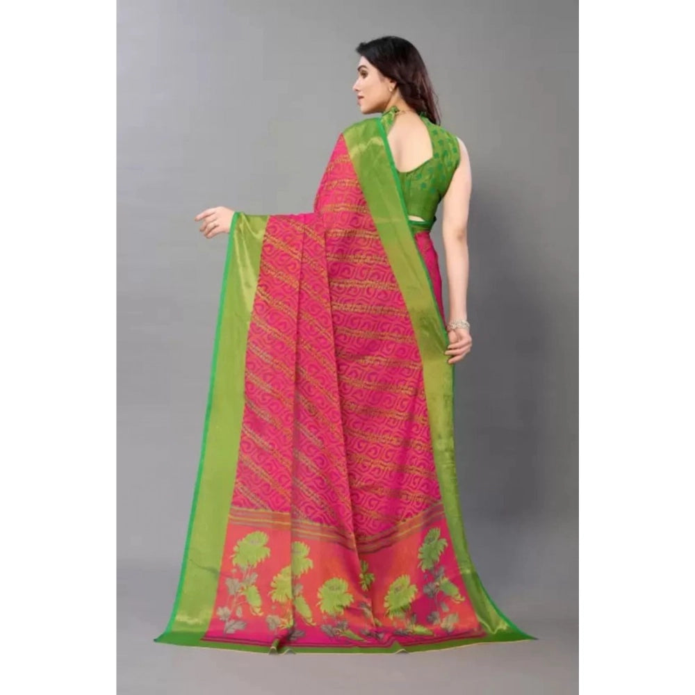 Pink viscose rayon printed saree with unstitched blouse, vibrant design on display