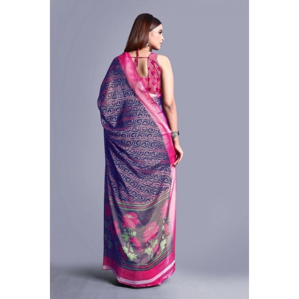Navy blue viscose rayon printed saree with unstitched blouse, vibrant color and intricate design on Indian traditional wear