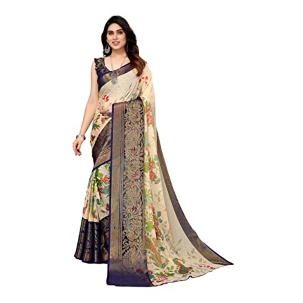 Women's Viscose Rayon Printed Saree With Unstitched Blouse (Navy Blue) - GillKart