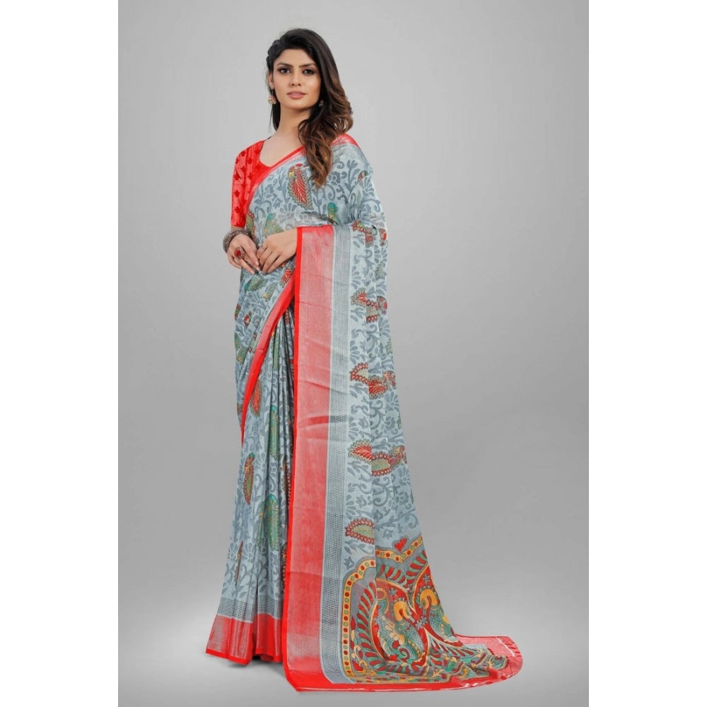 Women's Viscose Rayon Printed Saree With Unstitched Blouse (Grey) - GillKart