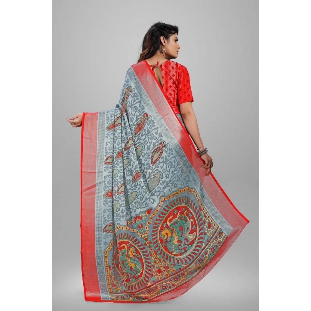 Women's Viscose Rayon Printed Saree With Unstitched Blouse (Grey) - GillKart