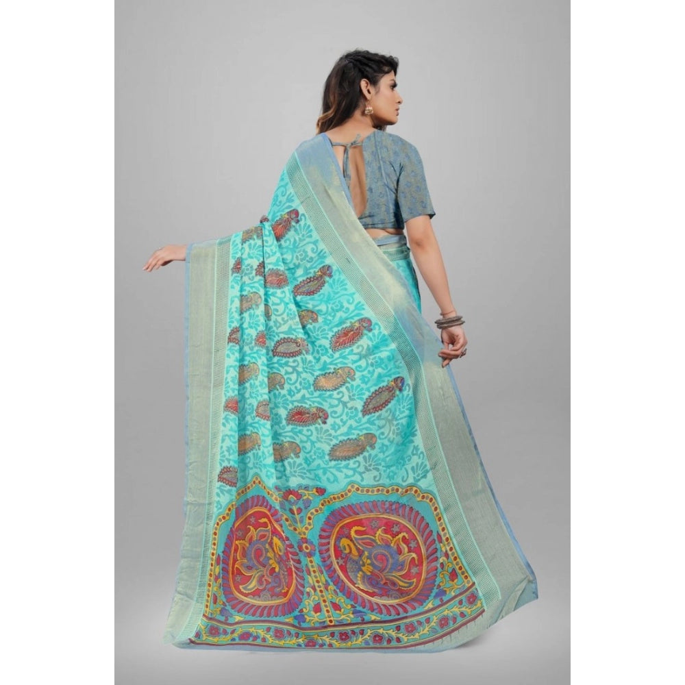 Women's Viscose Rayon Printed Saree With Unstitched Blouse (Sky Blue) - GillKart