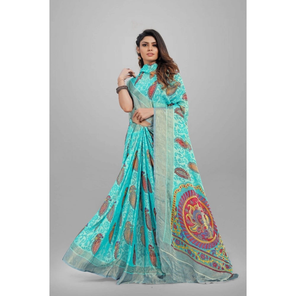 Women's Viscose Rayon Printed Saree With Unstitched Blouse (Sky Blue) - GillKart