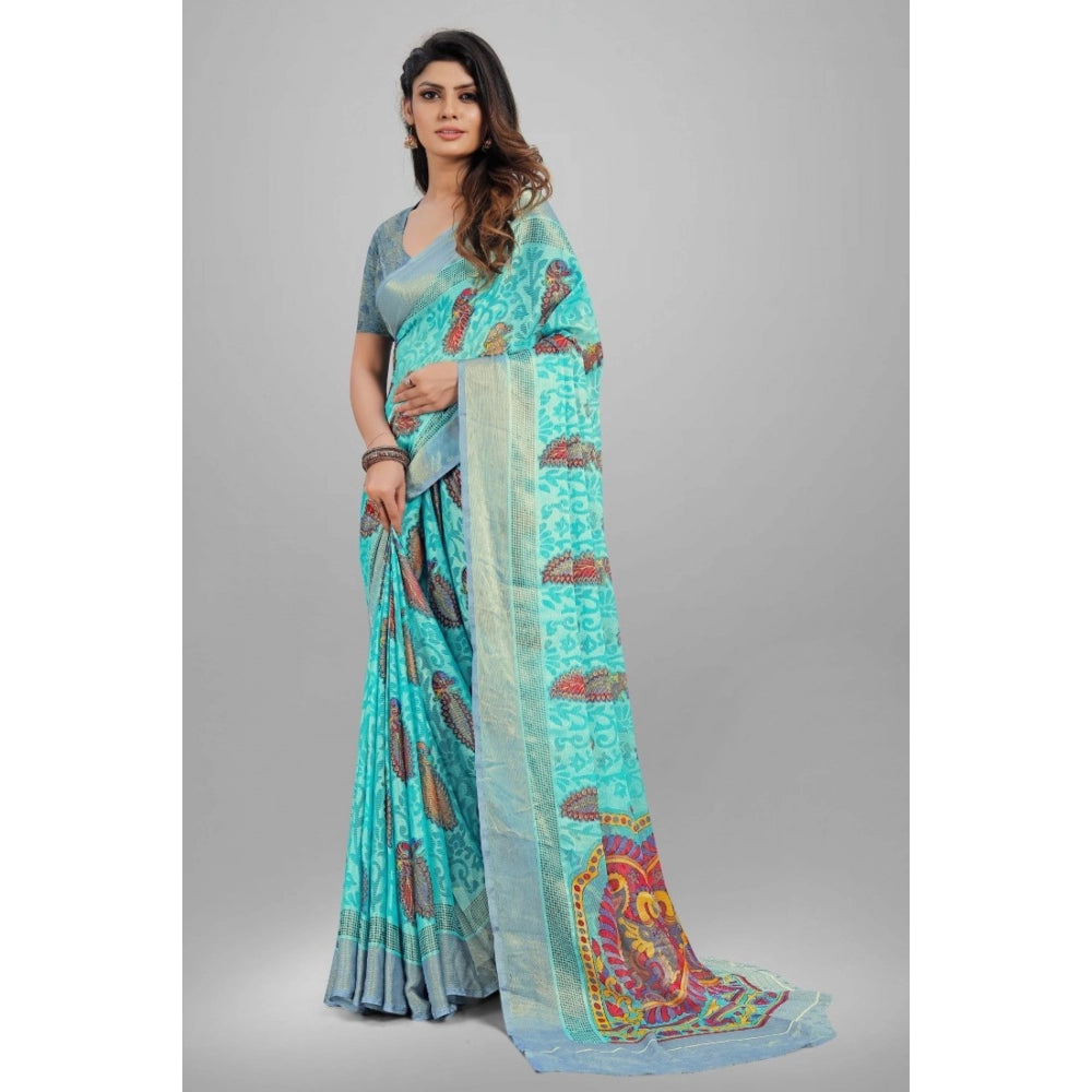 Women's Viscose Rayon Printed Saree With Unstitched Blouse (Sky Blue) - GillKart