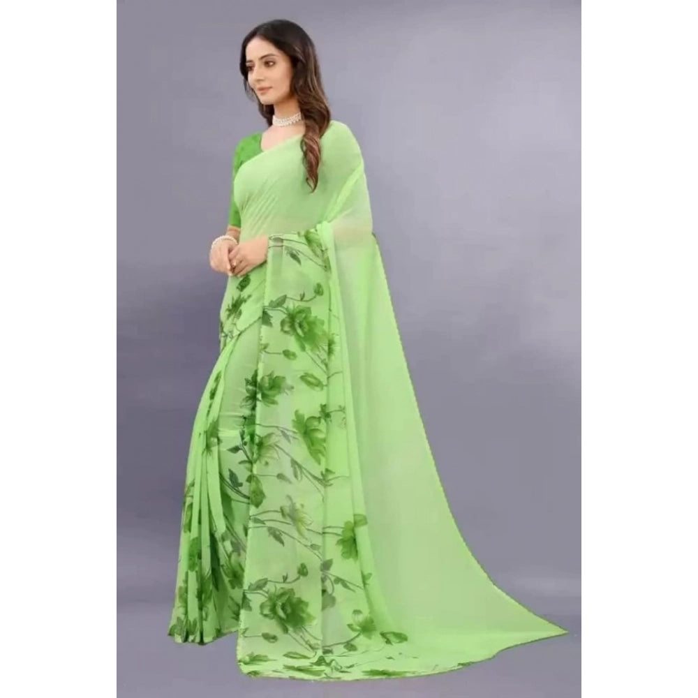 Green georgette printed saree with unstitched blouse, women's traditional Indian wear on model