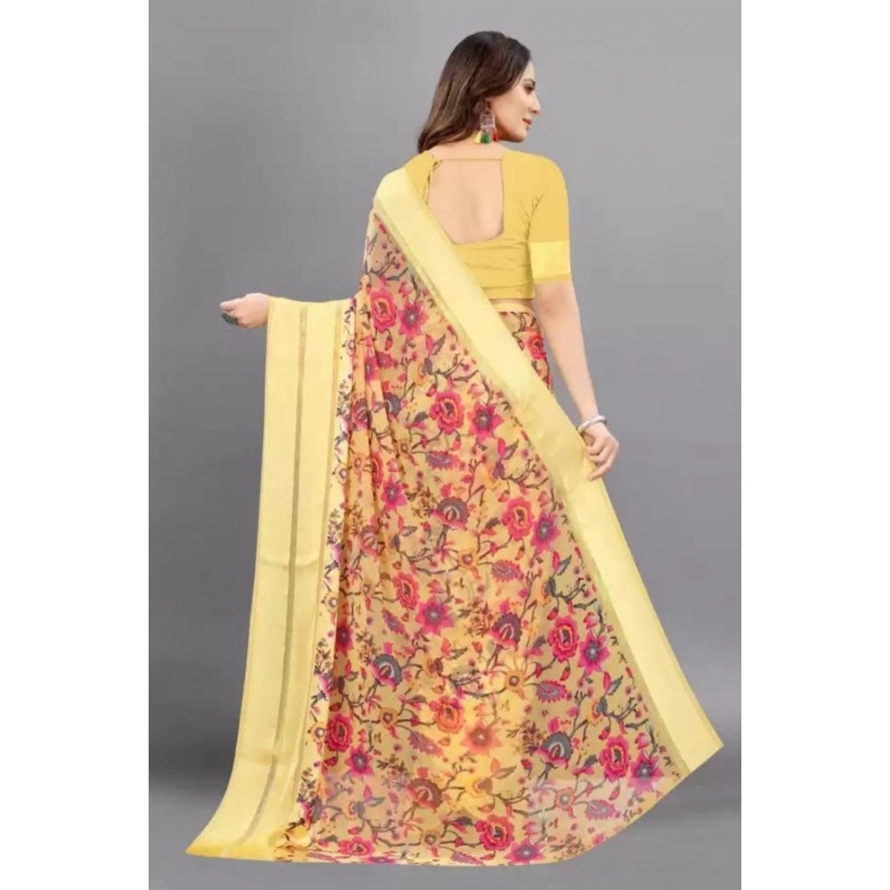 Yellow satin patta printed saree with unstitched blouse for women, vibrant Indian fashion accessory on mannequin