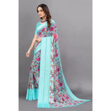 Skyblue satin patta printed saree with unstitched blouse for women, vibrant traditional Indian attire