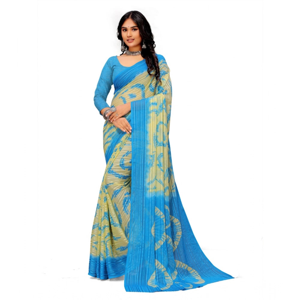 Skyblue georgette printed saree with unstitched blouse, women's traditional Indian attire on mannequin