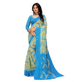 Skyblue georgette printed saree with unstitched blouse, women's traditional Indian attire on mannequin