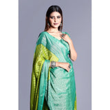 Green viscose rayon printed saree with unstitched blouse, vibrant and colorful ethnic wear for women