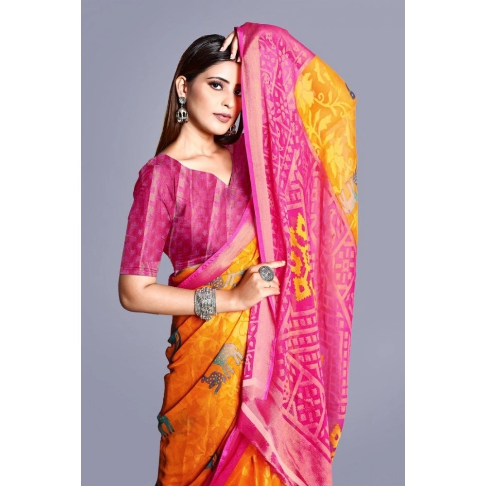 Women's Viscose Rayon Printed Saree With Unstitched Blouse (Yellow) - GillKart