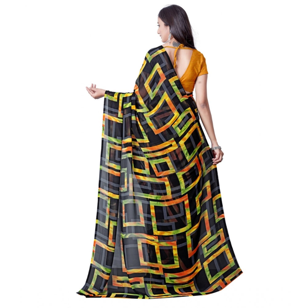 Women's Georgette Printed Saree With Unstitched Blouse (Yellow) - GillKart