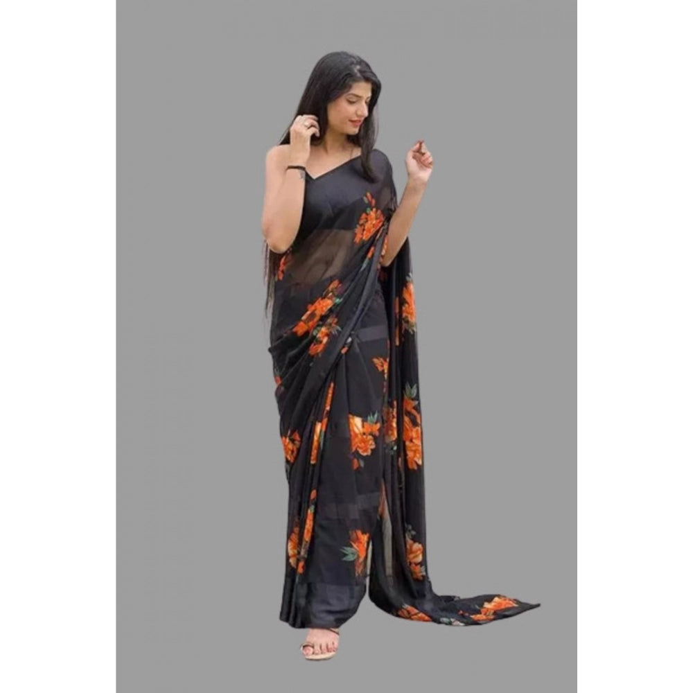 Orange satin patta printed saree with unstitched blouse - vibrant Indian women's traditional wear