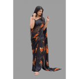 Orange satin patta printed saree with unstitched blouse - vibrant Indian women's traditional wear
