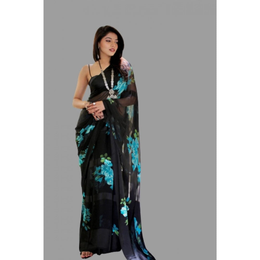 Blue satin patta printed saree with unstitched blouse for women, vibrant Indian fashion accessory