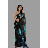 Blue satin patta printed saree with unstitched blouse for women, vibrant Indian fashion accessory