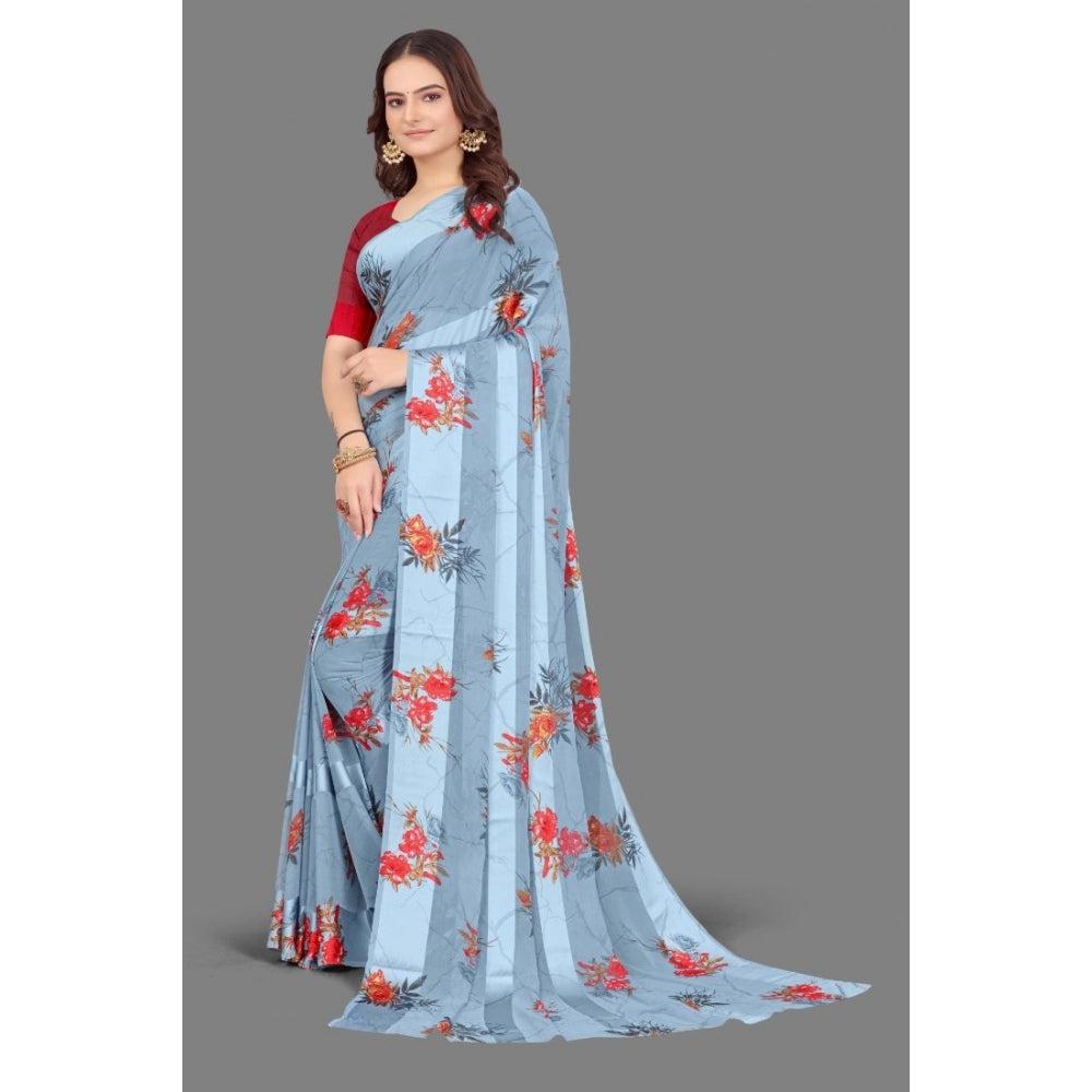 Women's Satin Patta Printed Saree With Unstitched Blouse (Grey) - GillKart
