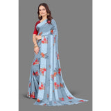 Women's Satin Patta Printed Saree With Unstitched Blouse (Grey) - GillKart
