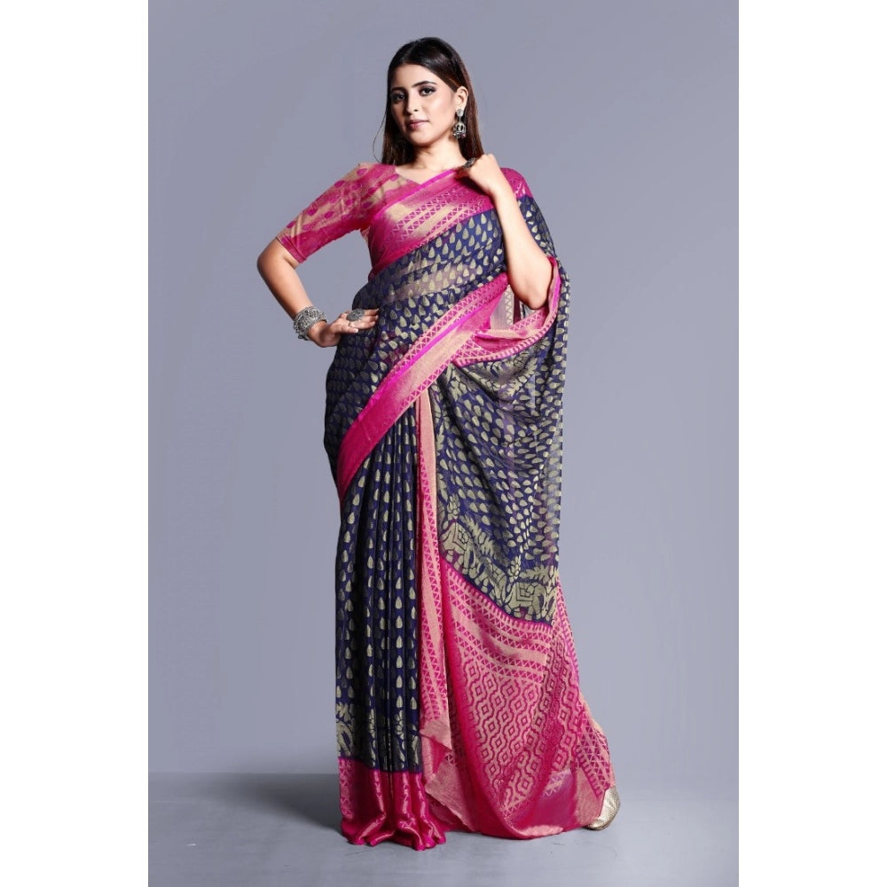 Women's Viscose Rayon Printed Saree With Unstitched Blouse (Navy Blue) - GillKart
