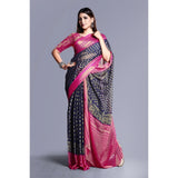 Women's Viscose Rayon Printed Saree With Unstitched Blouse (Navy Blue) - GillKart