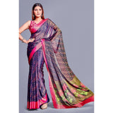 Navy Blue Viscose Rayon printed saree with unstitched blouse, vibrant patterns on display