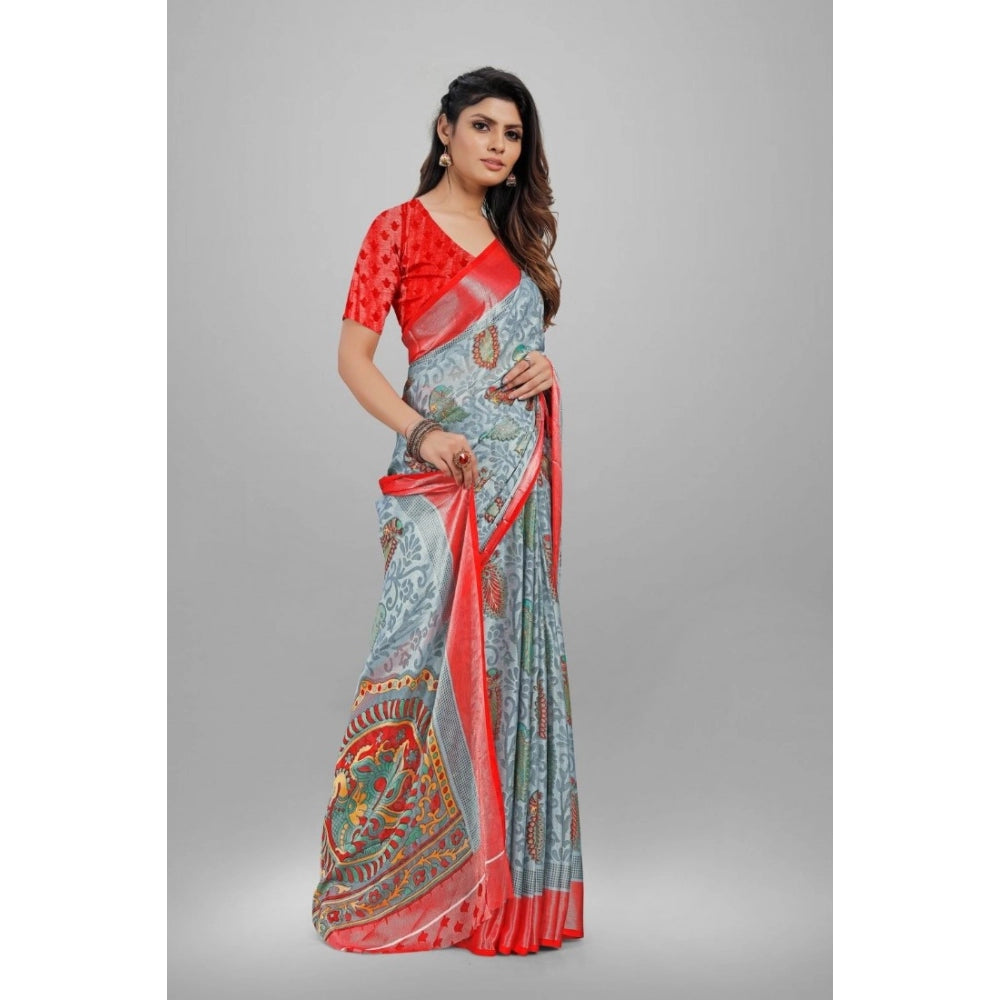 Women's Viscose Rayon Printed Saree With Unstitched Blouse (Grey) - GillKart