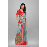 Women's Viscose Rayon Printed Saree With Unstitched Blouse (Grey) - GillKart