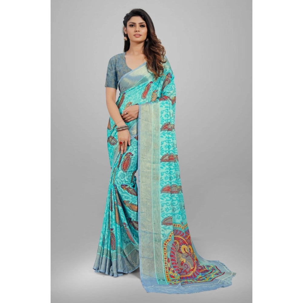 Women's Viscose Rayon Printed Saree With Unstitched Blouse (Sky Blue) - GillKart