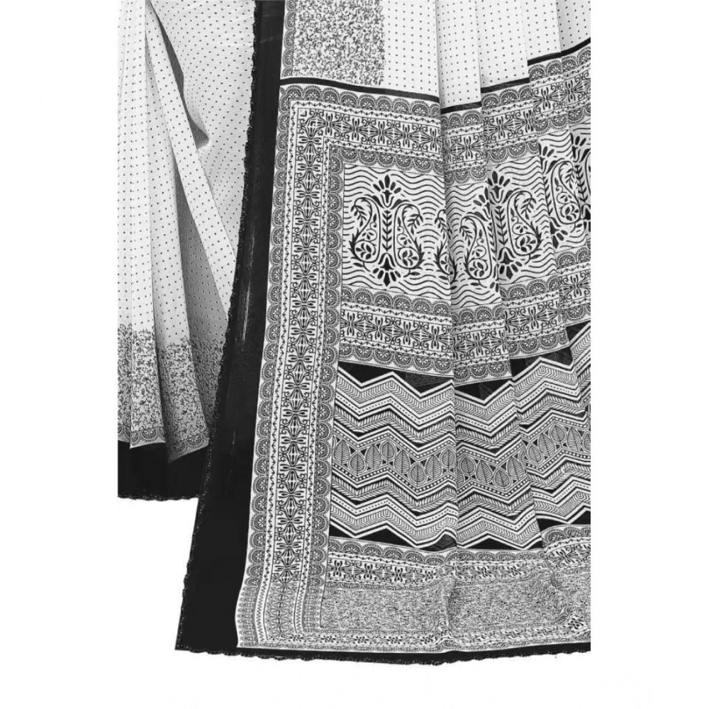 Black Georgette printed saree with unstitched blouse, women's traditional Indian wear on mannequin