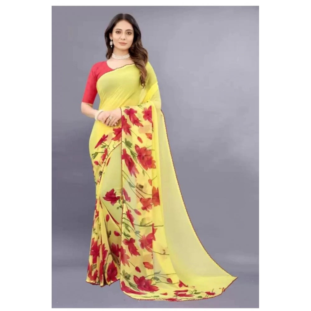 Women's Georgette Printed Saree With Unstitched Blouse (Yellow) - GillKart