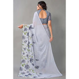 Grey georgette printed saree with unstitched blouse for women, intricate design on display