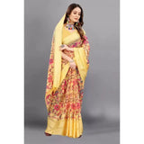 Yellow satin patta printed saree with unstitched blouse for women, vibrant ethnic wear