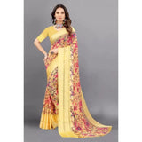 Yellow satin patta printed saree with unstitched blouse, traditional Indian women's fashion