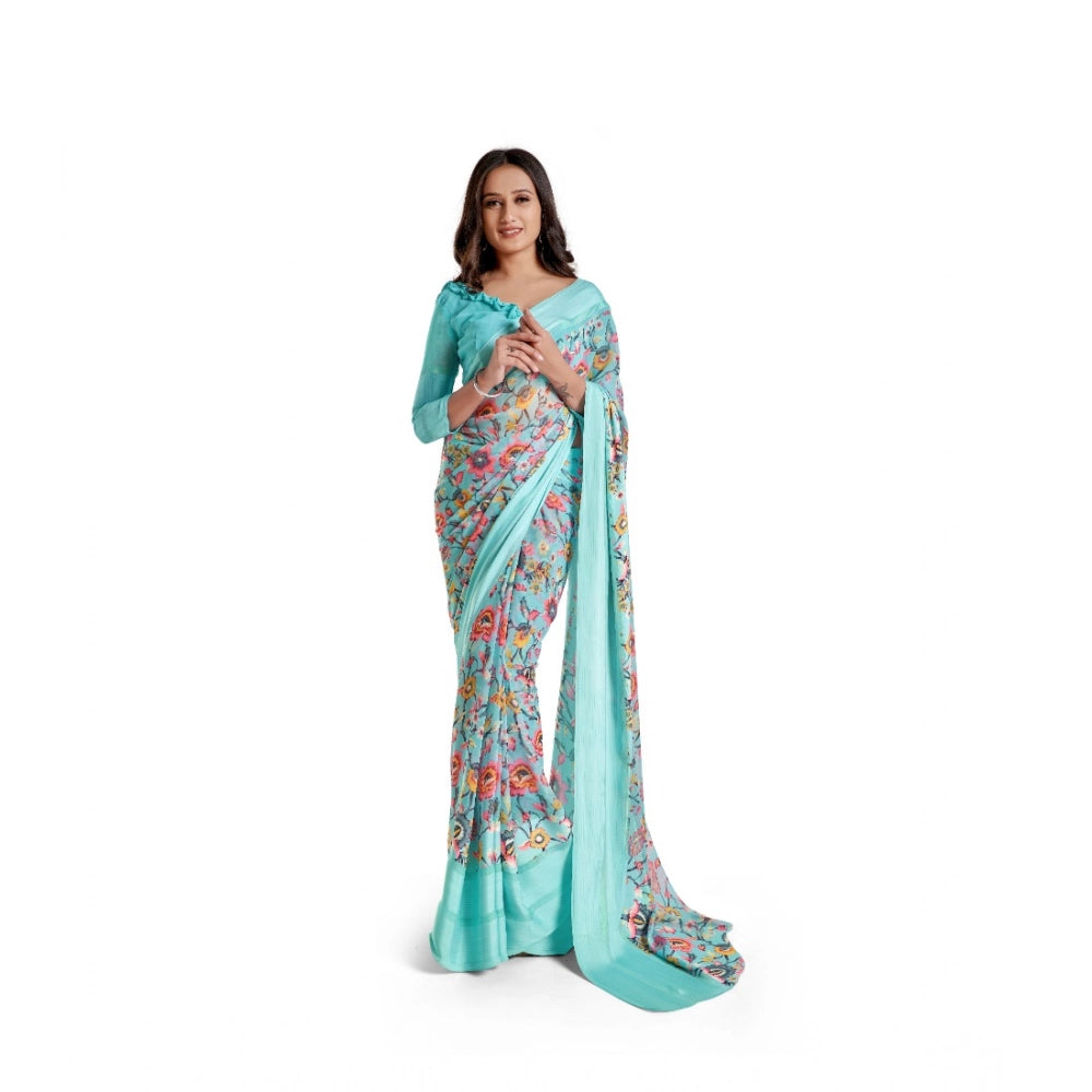 Skyblue satin patta printed saree with unstitched blouse, elegant Indian women's wear for special occasions