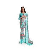 Skyblue satin patta printed saree with unstitched blouse, elegant Indian women's wear for special occasions