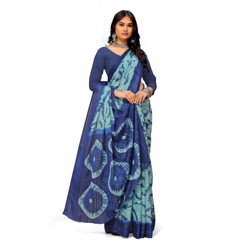 Blue Georgette printed saree with unstitched blouse on mannequin