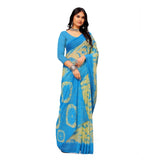 Skyblue georgette printed saree with unstitched blouse, vibrant floral pattern on display