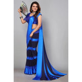 Skyblue satin patta printed saree with unstitched blouse, Indian women's traditional wear for special occasions