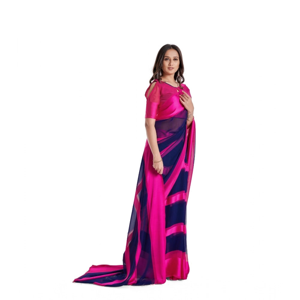 Pink satin patta printed saree with unstitched blouse for women, vibrant color and intricate design