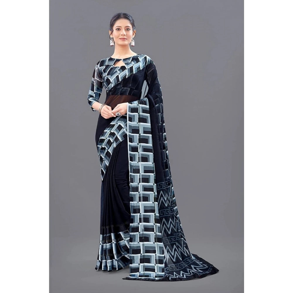 Women's Satin Patta Printed Saree With Unstitched Blouse (Black) - GillKart