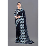 Women's Satin Patta Printed Saree With Unstitched Blouse (Black) - GillKart