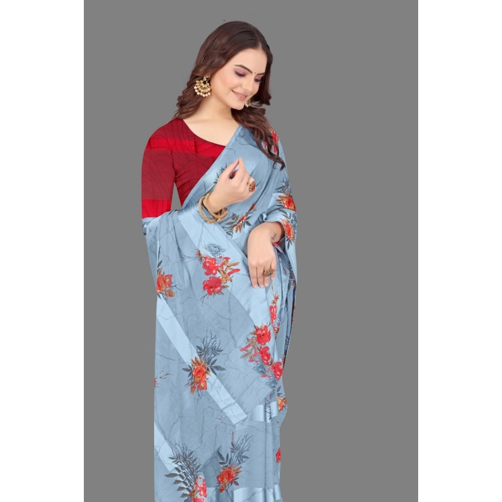 Women's Satin Patta Printed Saree With Unstitched Blouse (Grey) - GillKart