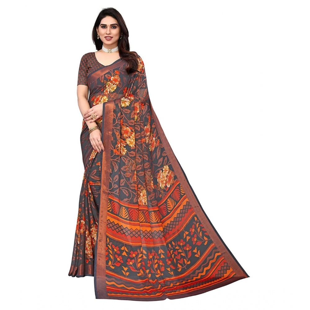 Women's Viscose Rayon Printed Saree With Unstitched Blouse (Grey) - GillKart