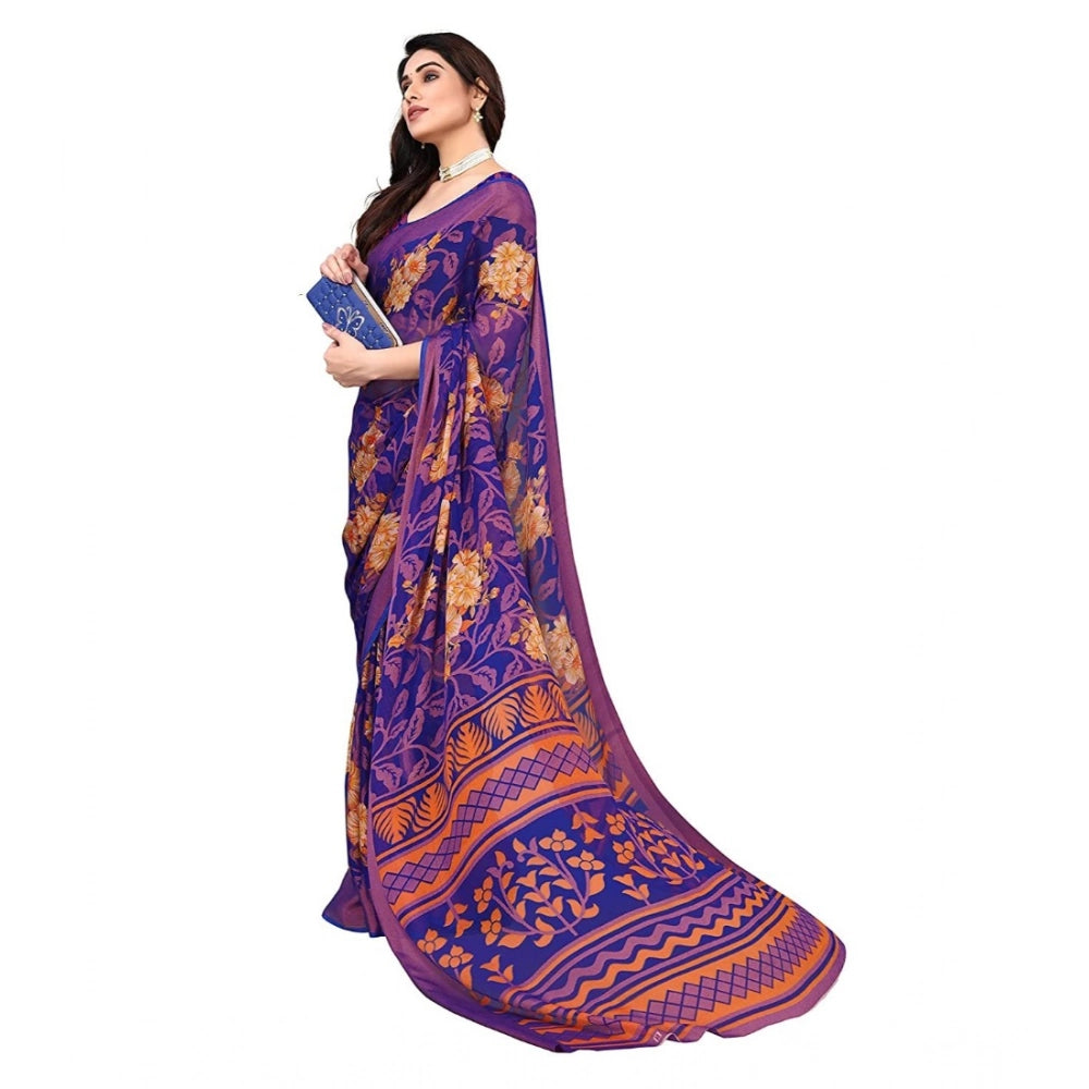 Blue viscose rayon printed saree with unstitched blouse, perfect for Indian women's fashion