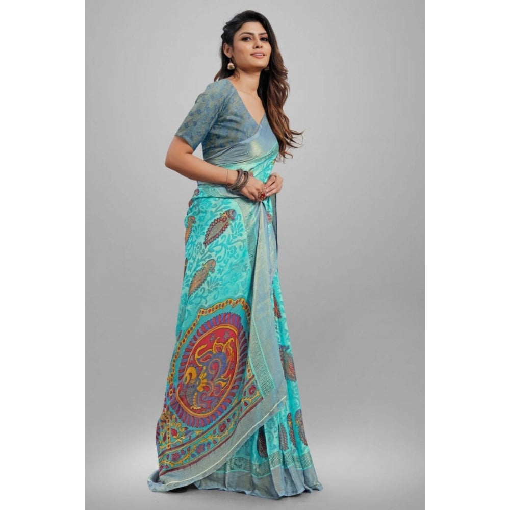 Women's Viscose Rayon Printed Saree With Unstitched Blouse (Sky Blue) - GillKart