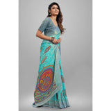 Women's Viscose Rayon Printed Saree With Unstitched Blouse (Sky Blue) - GillKart